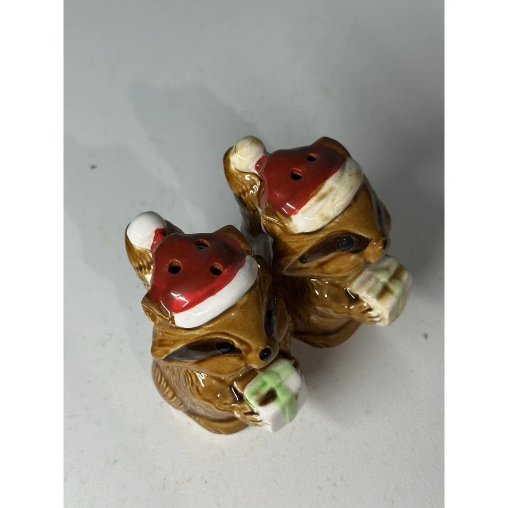 Vintage Set Of Christmas Racoon Salt & Pepper Shakers Holding Presents Japan